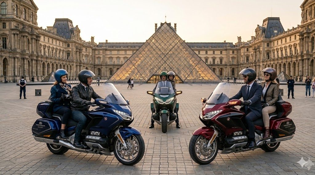 Honda Gold Wing à Paris devant la pyramide du Louvre — visite moto privée Moto-City