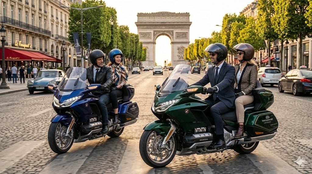 Circuit moto Paris Essentiel — Honda Gold Wing sur les Champs-Élysées avec l'Arc de Triomphe